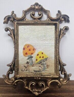 Vtg Mini Hand Painted Mushrooms Ornate Hong Kong Molded Plastic Framed Signed 4"